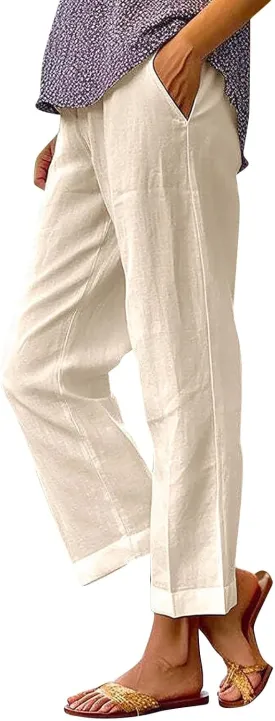 LCMTWX Women's Linen Pants 2024 Summer Pants Long Drawstring Linen Women Waist Cotton Casual Pants Flowy Wide Leg Beach