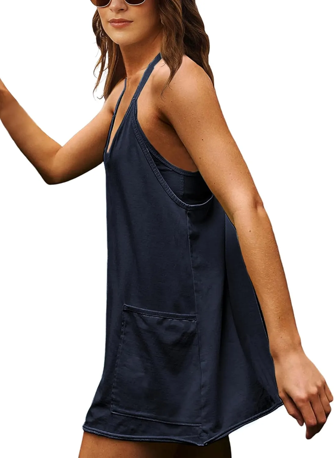 Lentta Womens Athletic Sleeveless Mini Dress with Built-in Shorts V Neck Spaghetti Strap Sundress