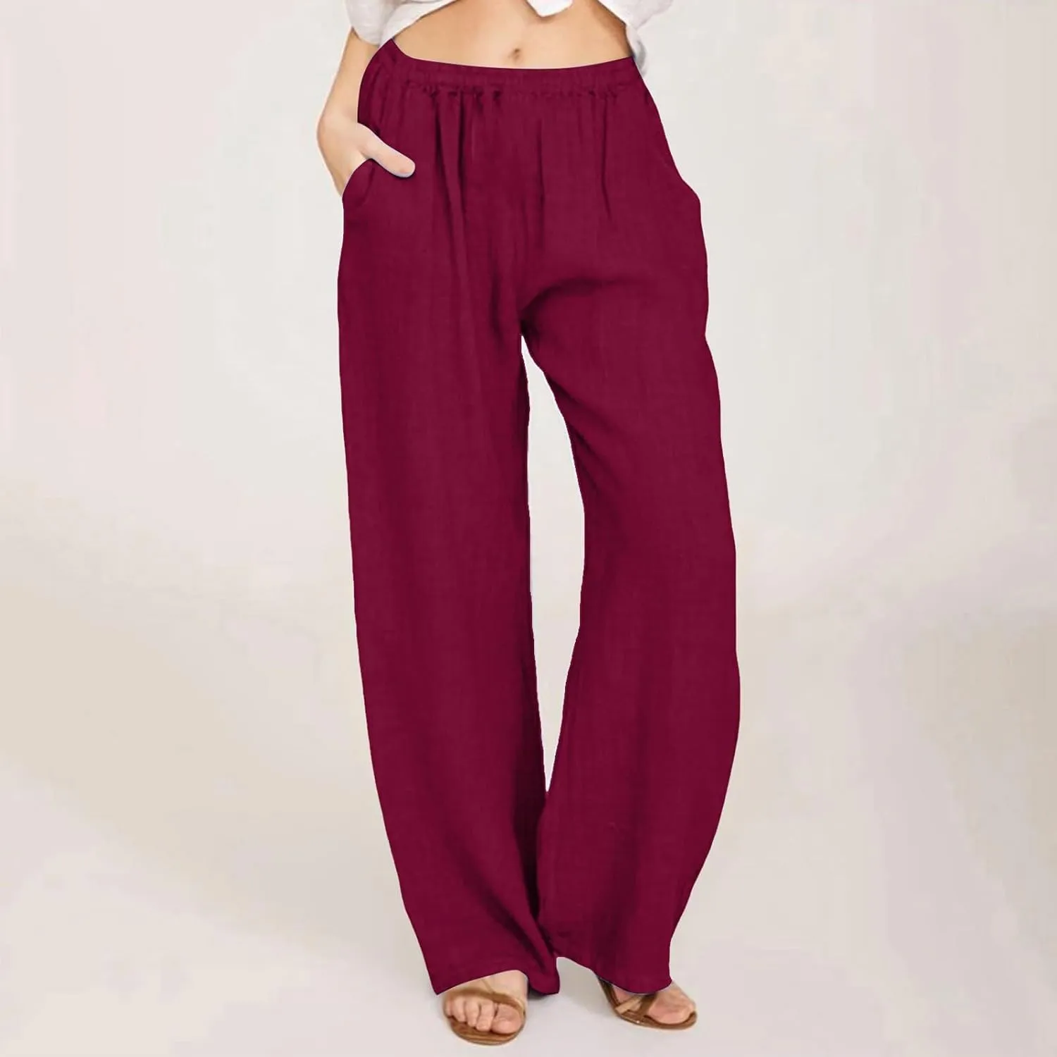 Linen Pants Women Petite Dressy Casual Elastic Waist Beach Lounge Wide Leg Trousers Women