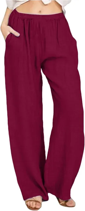 Linen Pants Women Petite Dressy Casual Elastic Waist Beach Lounge Wide Leg Trousers Women
