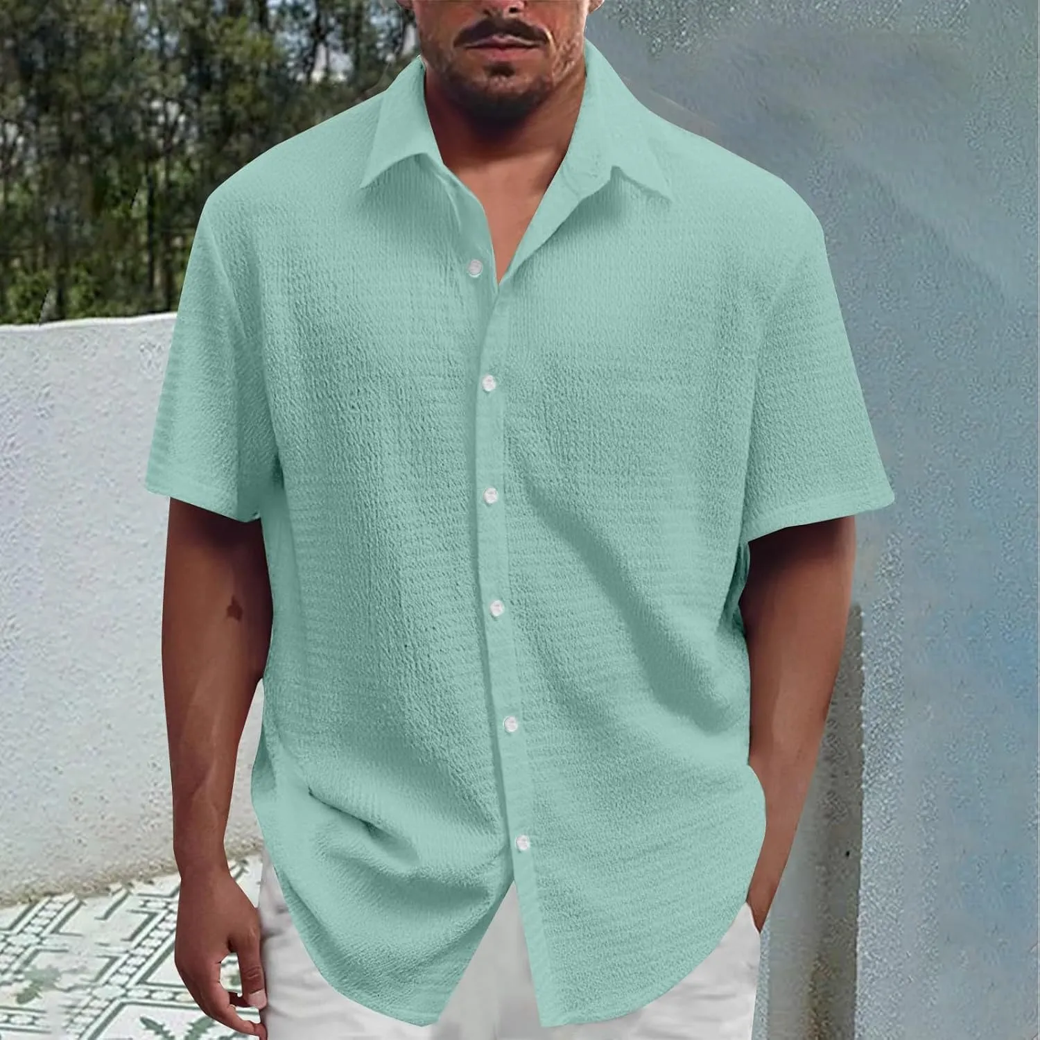 Loose Short Sleeve Shirts Mens Button Down Collared Hawaiian Beach T-Shirts Solid Casual Summer Tropical Holiday Tops