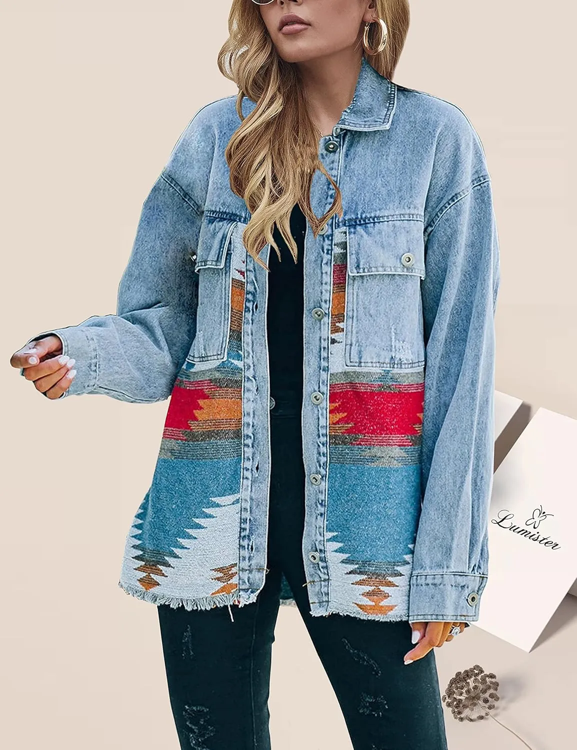 Lumister Women's Aztec Denim Jacket Distressed Lapel Long Sleeve Vintage Button Down Denim Jacket Shacket