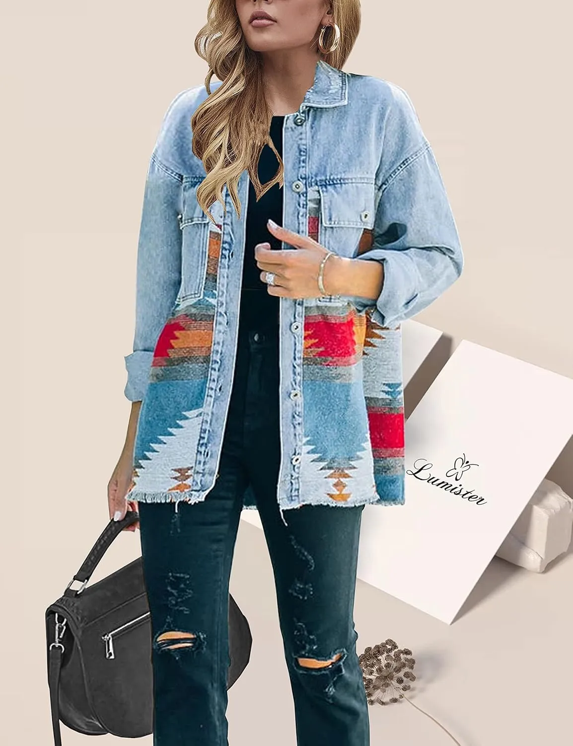 Lumister Women's Aztec Denim Jacket Distressed Lapel Long Sleeve Vintage Button Down Denim Jacket Shacket
