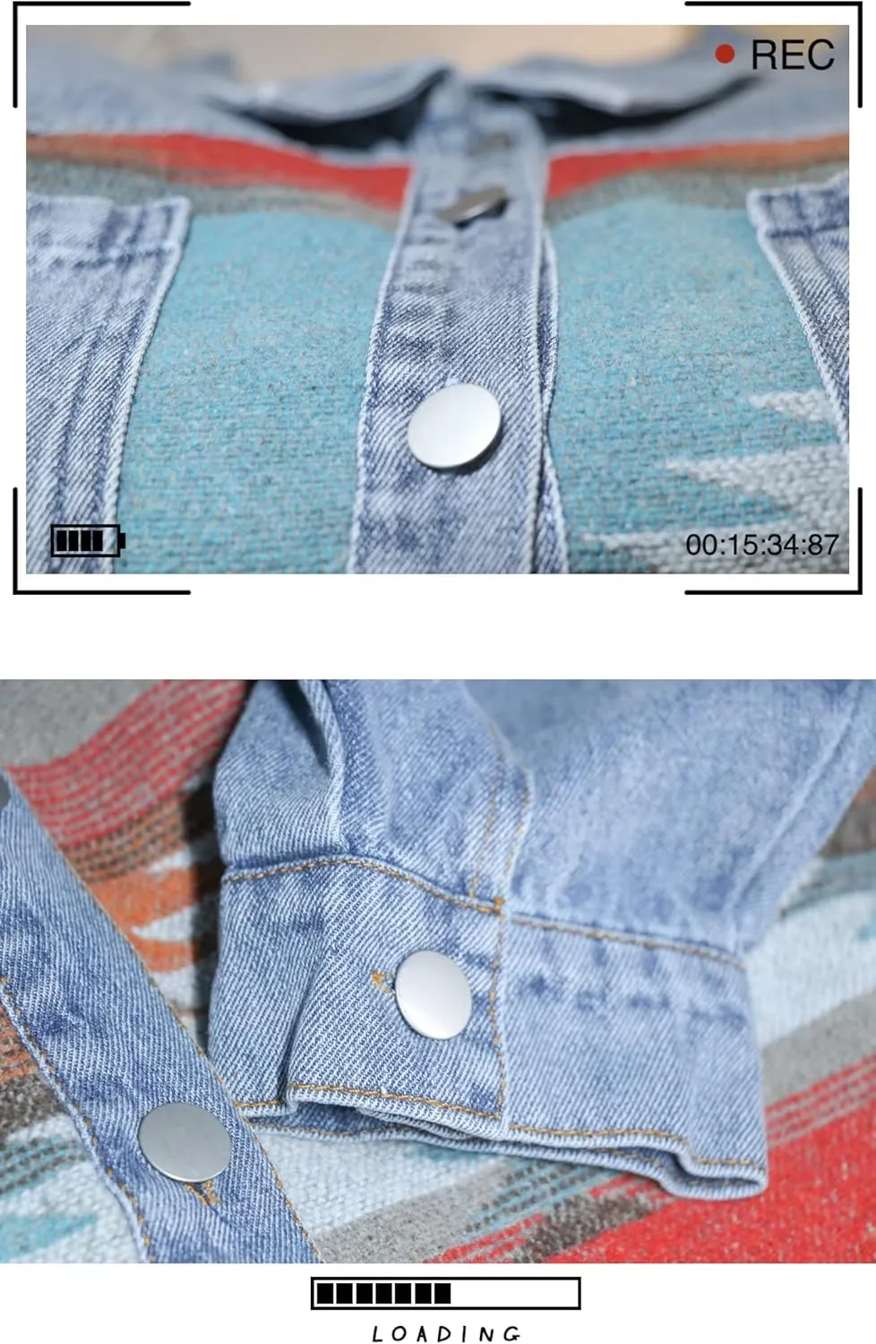 Lumister Women's Aztec Denim Jacket Distressed Lapel Long Sleeve Vintage Button Down Denim Jacket Shacket