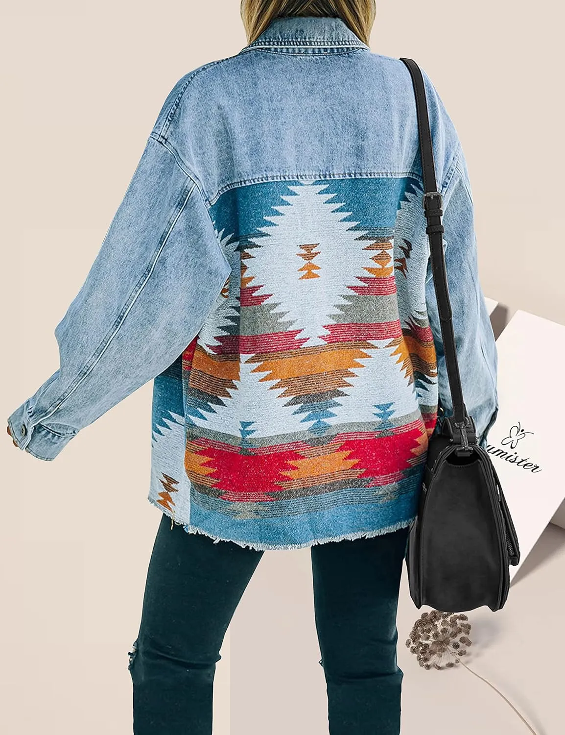 Lumister Women's Aztec Denim Jacket Distressed Lapel Long Sleeve Vintage Button Down Denim Jacket Shacket