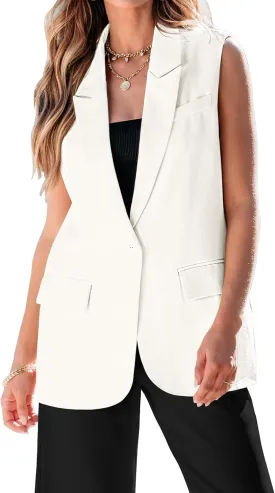 luvamia Long Vest for Women 2025 Spring Business Casual Sleeveless Open Front Blazers Suit Vests Top Pockets Work Office