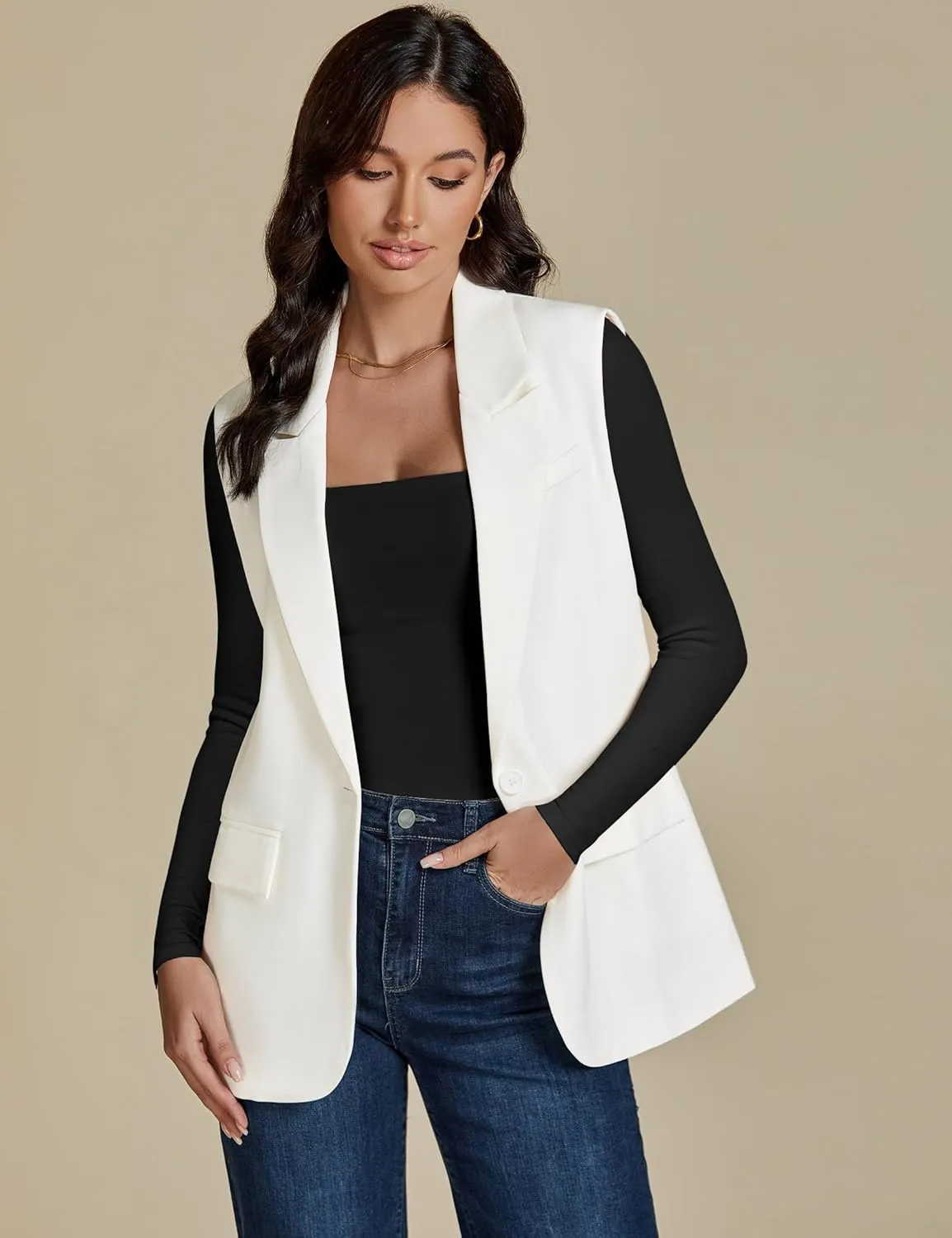 luvamia Long Vest for Women 2025 Spring Business Casual Sleeveless Open Front Blazers Suit Vests Top Pockets Work Office