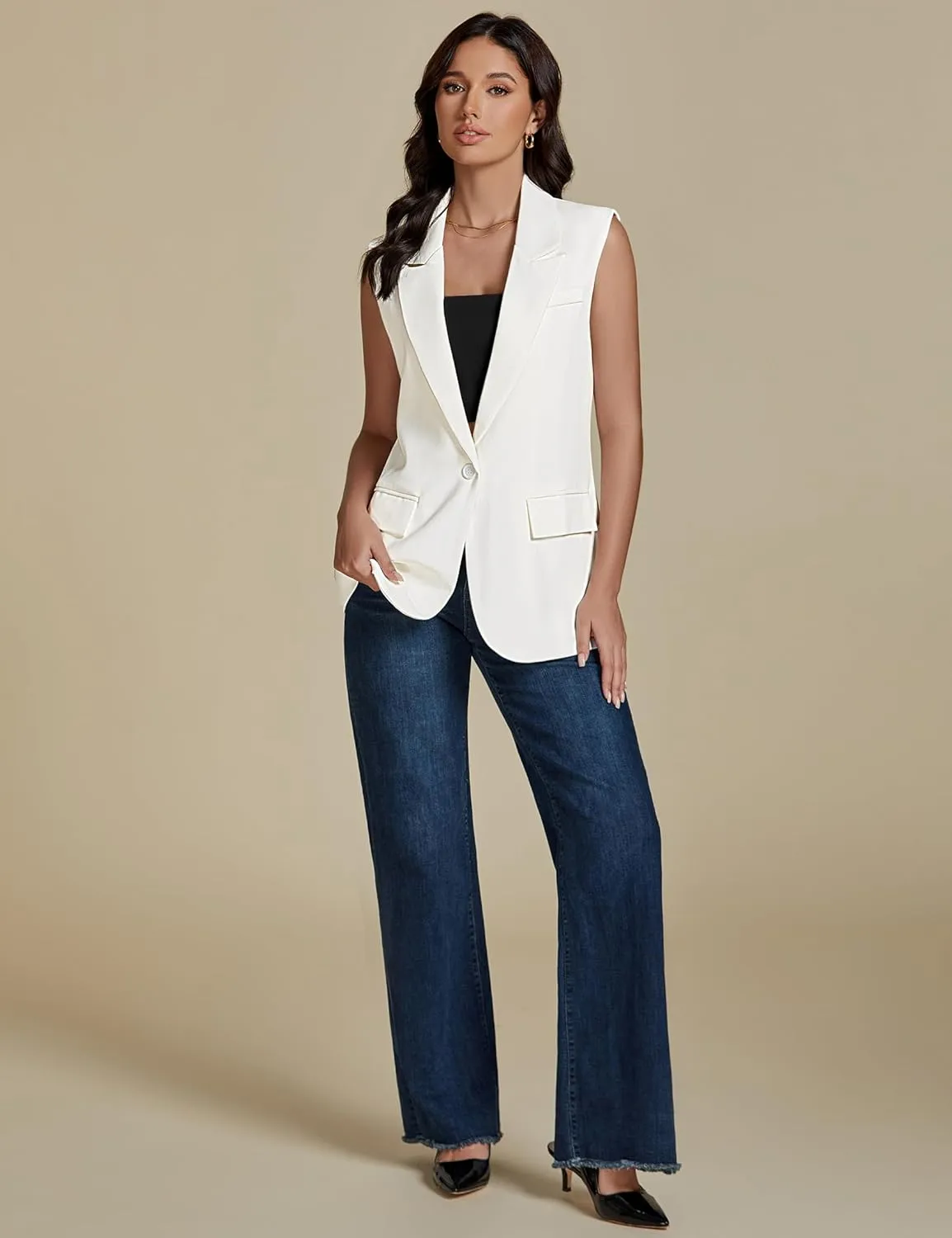 luvamia Long Vest for Women 2025 Spring Business Casual Sleeveless Open Front Blazers Suit Vests Top Pockets Work Office