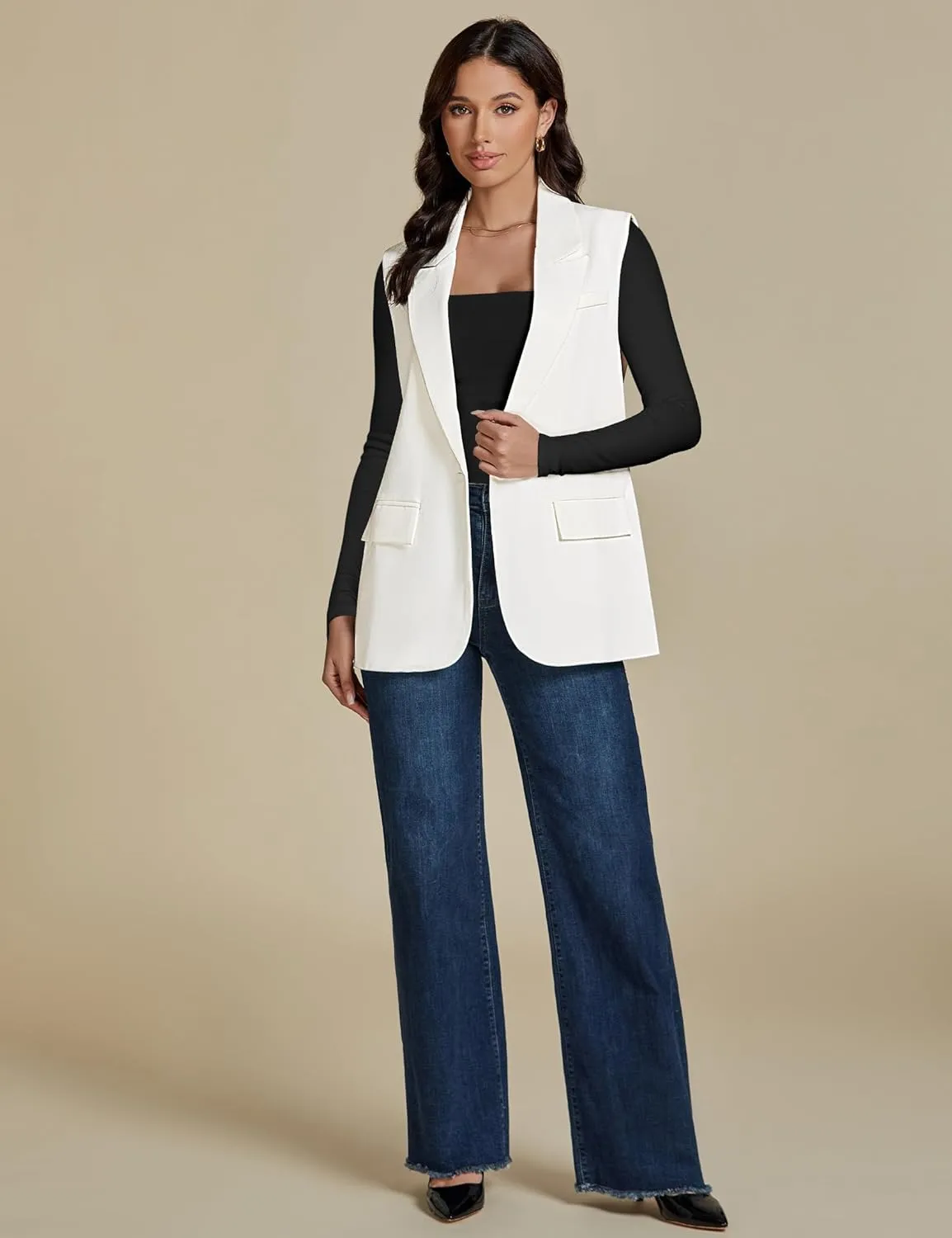luvamia Long Vest for Women 2025 Spring Business Casual Sleeveless Open Front Blazers Suit Vests Top Pockets Work Office