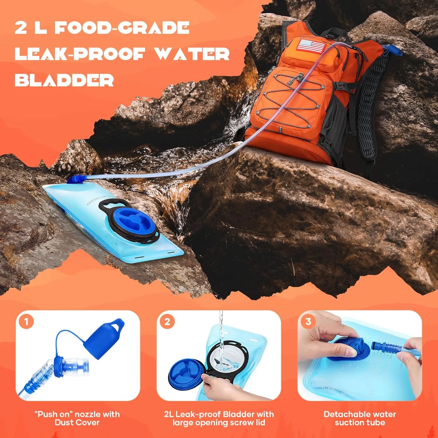 Maelstrom Hydration Backpack, Hiking Backpack with 2L/3L Water Bladder, High Flow Bite Valve Water Backpack Lightweight