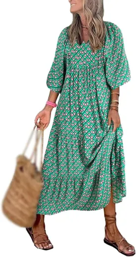 Maxi Dresses for Women Summer V Neck Puff Sleeve Floral Flowy Swing Long Dresses Casual Loose Fit Bohemian Beach Dress