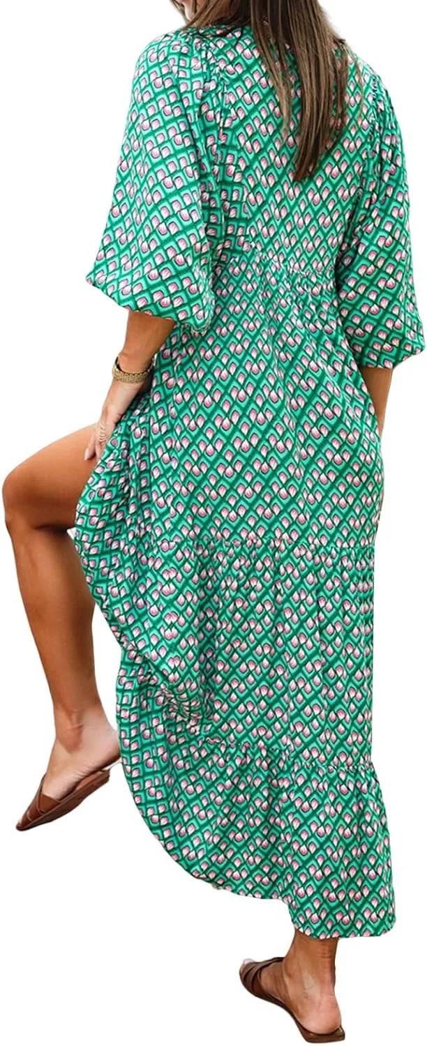 Maxi Dresses for Women Summer V Neck Puff Sleeve Floral Flowy Swing Long Dresses Casual Loose Fit Bohemian Beach Dress