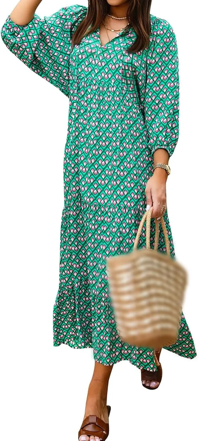 Maxi Dresses for Women Summer V Neck Puff Sleeve Floral Flowy Swing Long Dresses Casual Loose Fit Bohemian Beach Dress