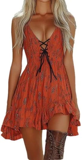 Melliflo Western Dresses for Women Sexy Deep V Floral Mini Dress Vintage Western Cowgirl Sleeveless Asymmetrical Hem Sundress