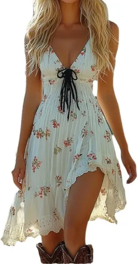 Melliflo Western Dresses for Women Sexy Deep V Floral Mini Dress Vintage Western Cowgirl Sleeveless Asymmetrical Hem Sundress