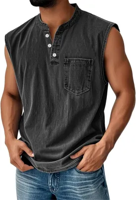 Men's Henley Shirts Summer Sleeveless Muscle Gym Workout Running Vintage Button Down Tank Tops with Chest Pocket