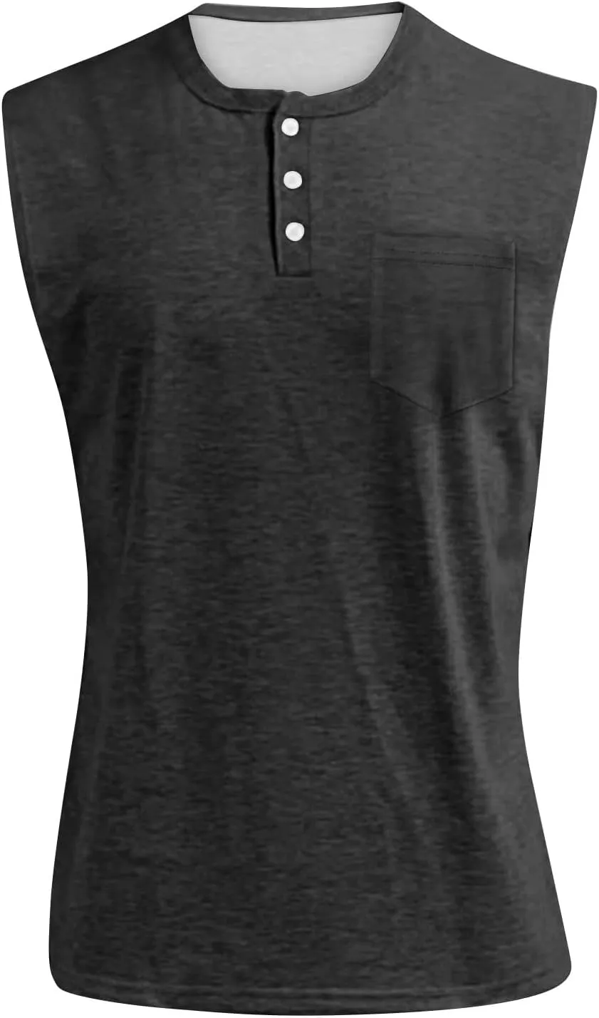 Men's Henley Shirts Summer Sleeveless Muscle Gym Workout Running Vintage Button Down Tank Tops with Chest Pocket