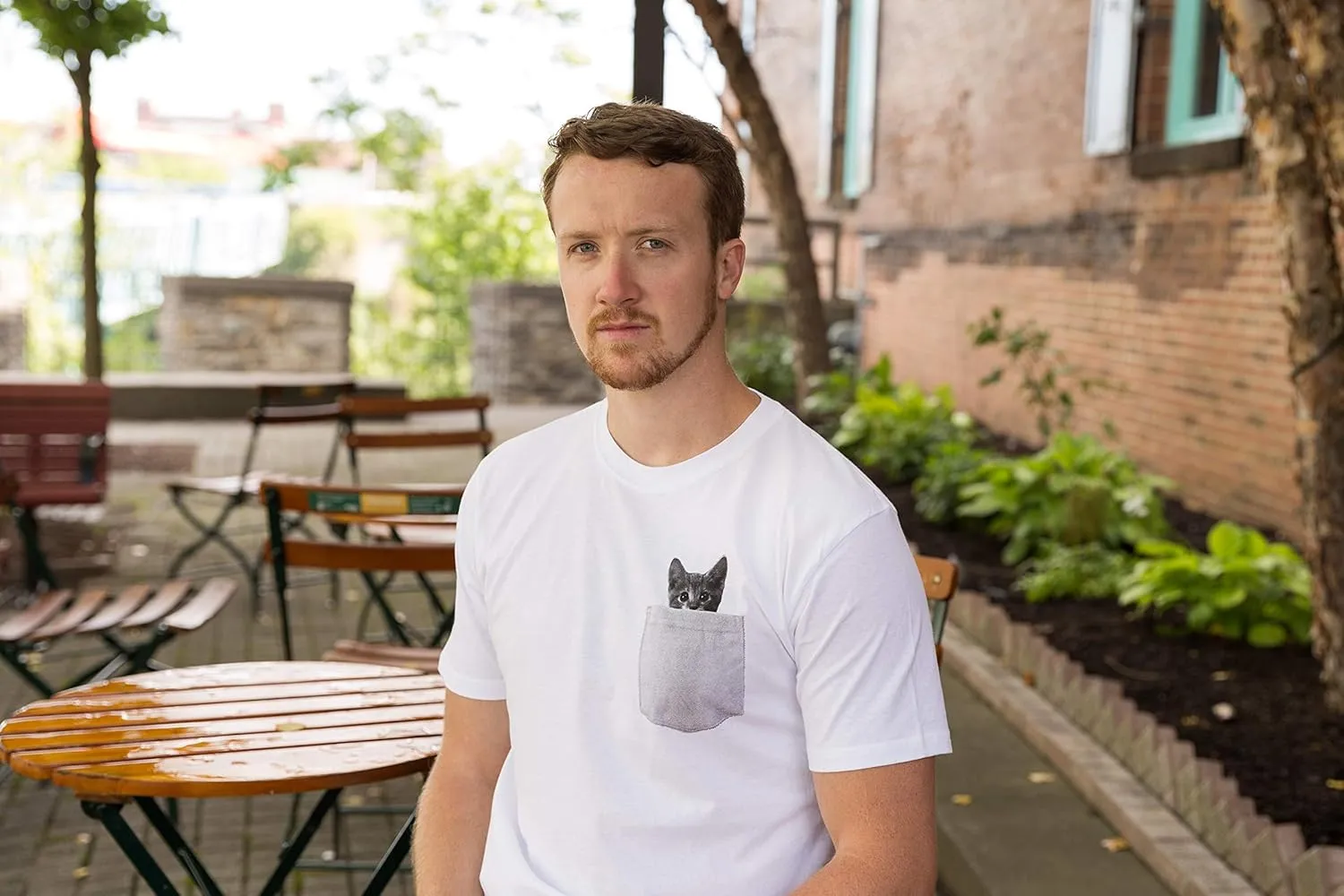 Mens Pocket Cat T Shirt Funny Printed Peeking Pet Kitten Animal Tee for Guys