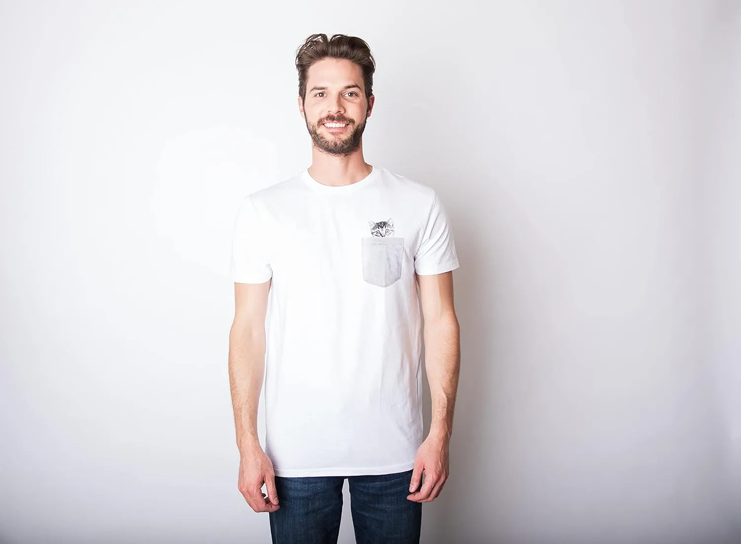 Mens Pocket Cat T Shirt Funny Printed Peeking Pet Kitten Animal Tee for Guys