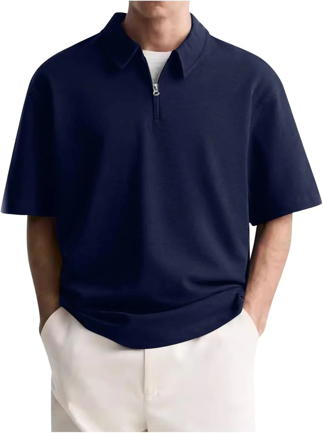 Mens Polo Shirts Short Sleeve Quarter Zip Golf Shirt Vintage Solid Collared Tshirt Loose Fit Casual Stylish Tops