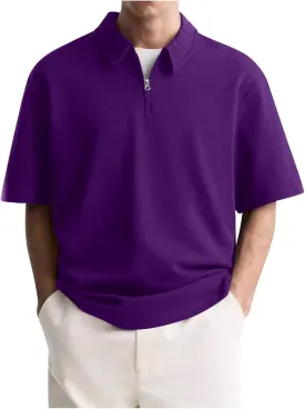 Mens Polo Shirts Short Sleeve Quarter Zip Golf Shirt Vintage Solid Collared Tshirt Loose Fit Casual Stylish Tops