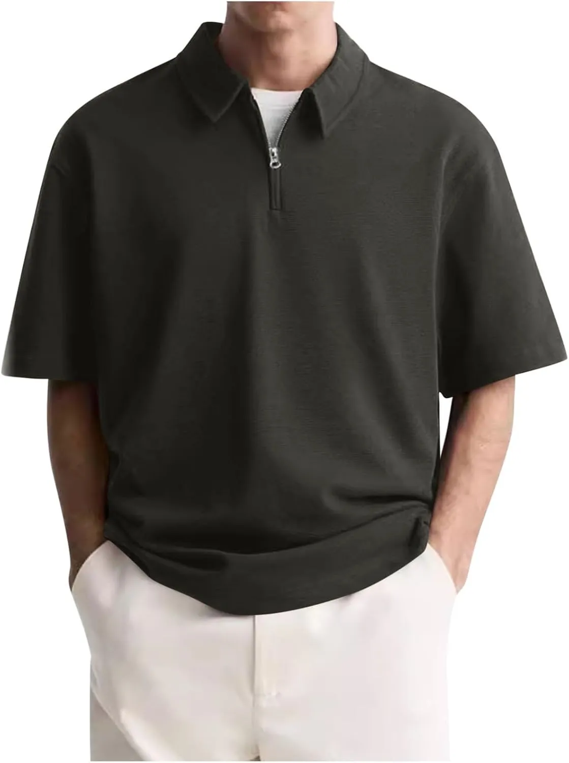 Mens Polo Shirts Short Sleeve Quarter Zip Golf Shirt Vintage Solid Collared Tshirt Loose Fit Casual Stylish Tops