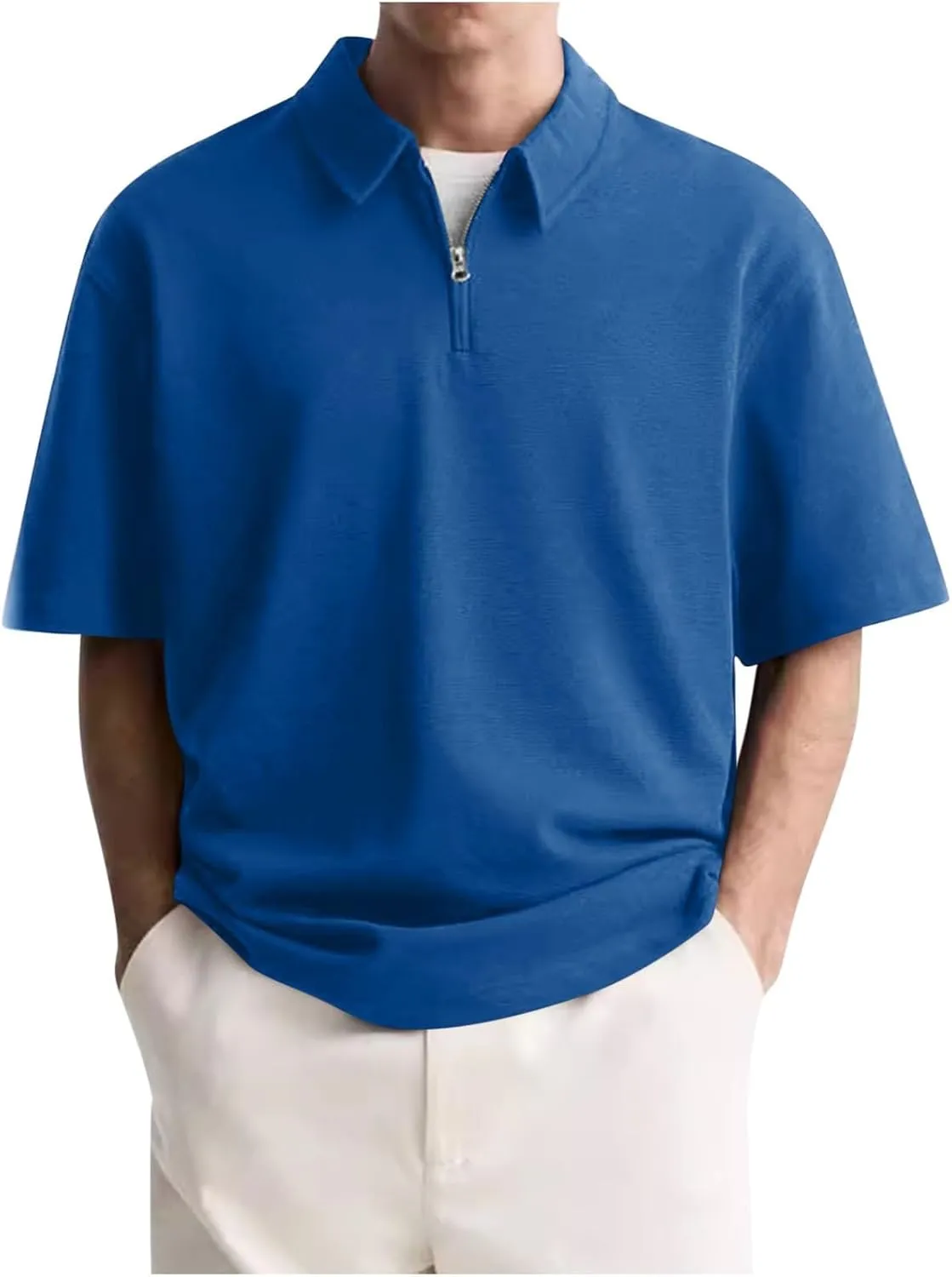 Mens Polo Shirts Short Sleeve Quarter Zip Golf Shirt Vintage Solid Collared Tshirt Loose Fit Casual Stylish Tops