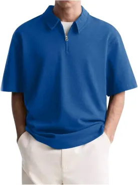 Mens Polo Shirts Short Sleeve Quarter Zip Golf Shirt Vintage Solid Collared Tshirt Loose Fit Casual Stylish Tops