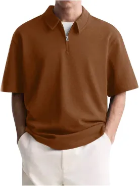 Mens Polo Shirts Short Sleeve Quarter Zip Golf Shirt Vintage Solid Collared Tshirt Loose Fit Casual Stylish Tops