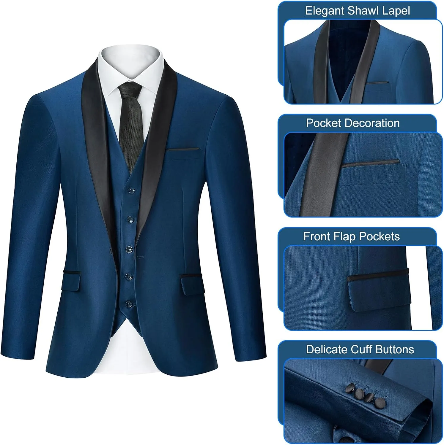 Men's Suit 3 Piece Slim Fit Suit, One Button Fine Glitter Shawl Lapel Blazer Jacket Vest Pants for Party & Wedding