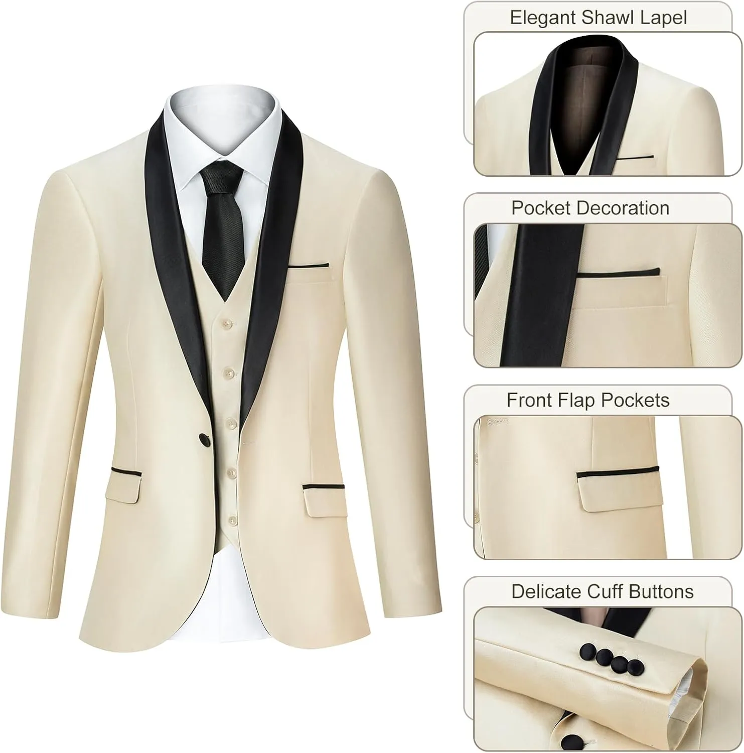 Men's Suit 3 Piece Slim Fit Suit, One Button Fine Glitter Shawl Lapel Blazer Jacket Vest Pants for Party & Wedding