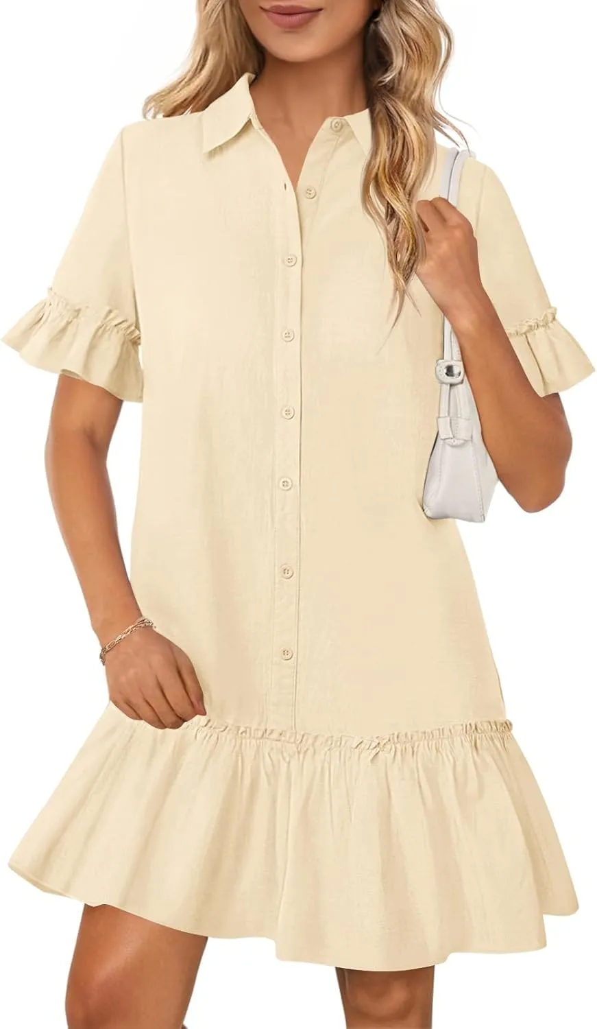 MEROKEETY Women's Summer Button Down Shirt Dress Casual Ruffle Sleeve Shift Mini Dresses with Pockets