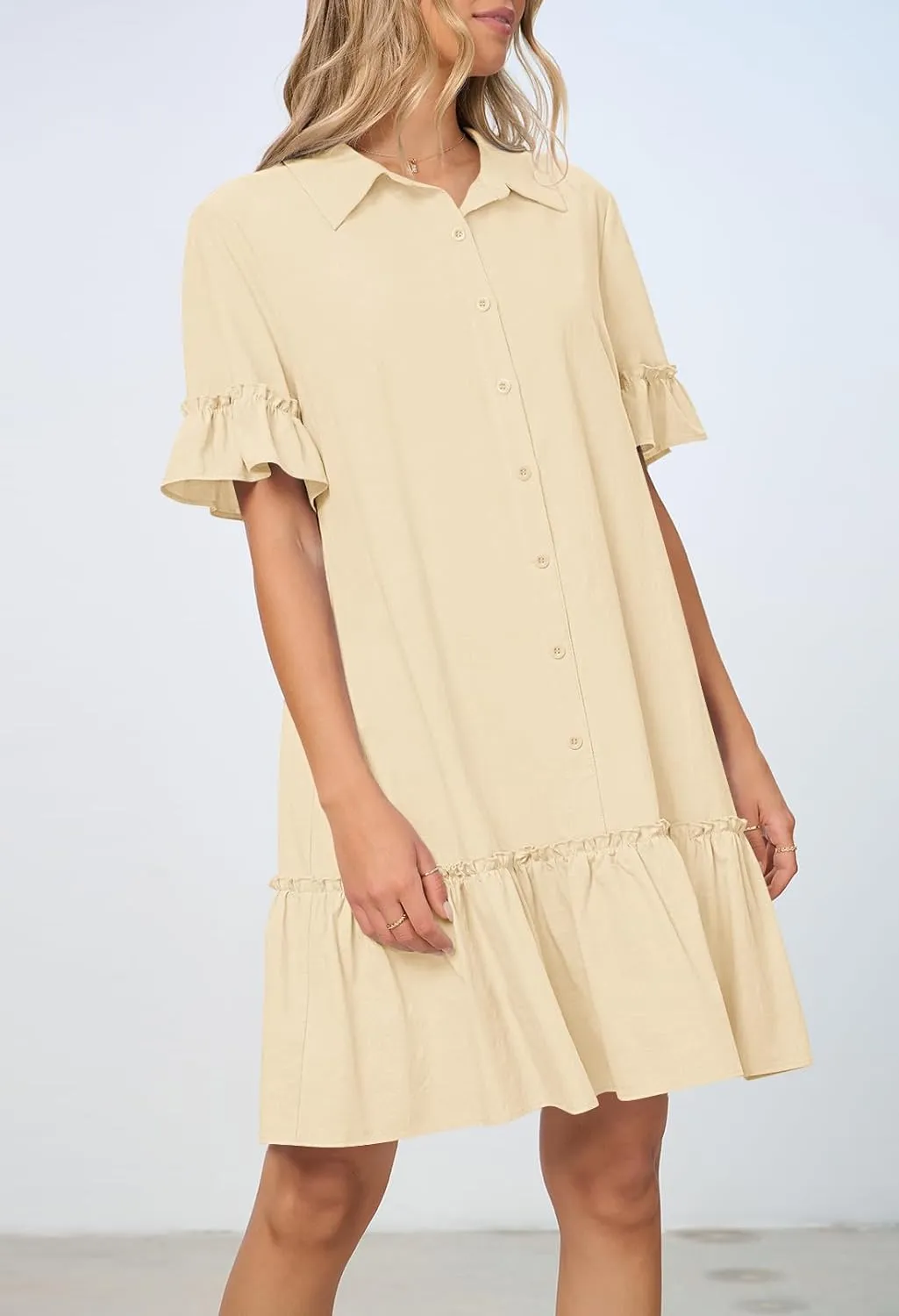 MEROKEETY Women's Summer Button Down Shirt Dress Casual Ruffle Sleeve Shift Mini Dresses with Pockets