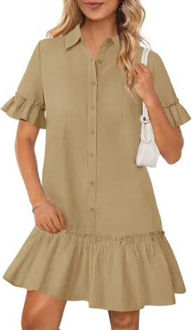 MEROKEETY Women's Summer Button Down Shirt Dress Casual Ruffle Sleeve Shift Mini Dresses with Pockets