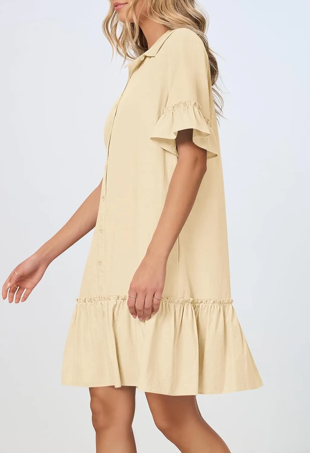 MEROKEETY Women's Summer Button Down Shirt Dress Casual Ruffle Sleeve Shift Mini Dresses with Pockets