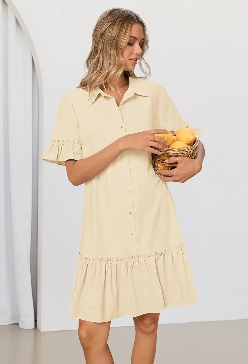 MEROKEETY Women's Summer Button Down Shirt Dress Casual Ruffle Sleeve Shift Mini Dresses with Pockets