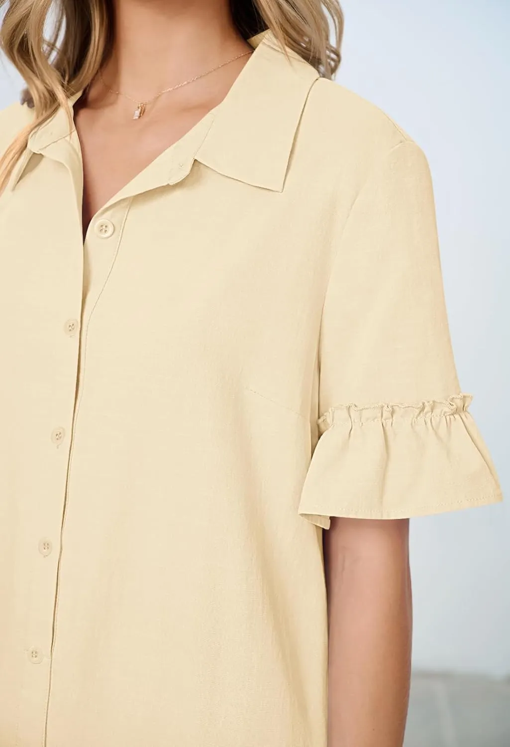MEROKEETY Women's Summer Button Down Shirt Dress Casual Ruffle Sleeve Shift Mini Dresses with Pockets