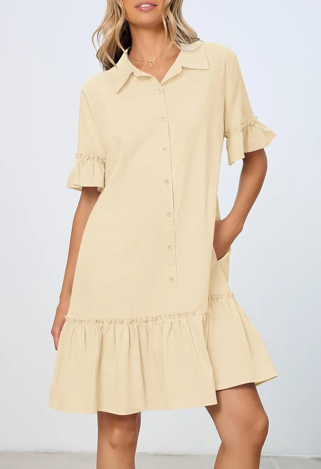 MEROKEETY Women's Summer Button Down Shirt Dress Casual Ruffle Sleeve Shift Mini Dresses with Pockets