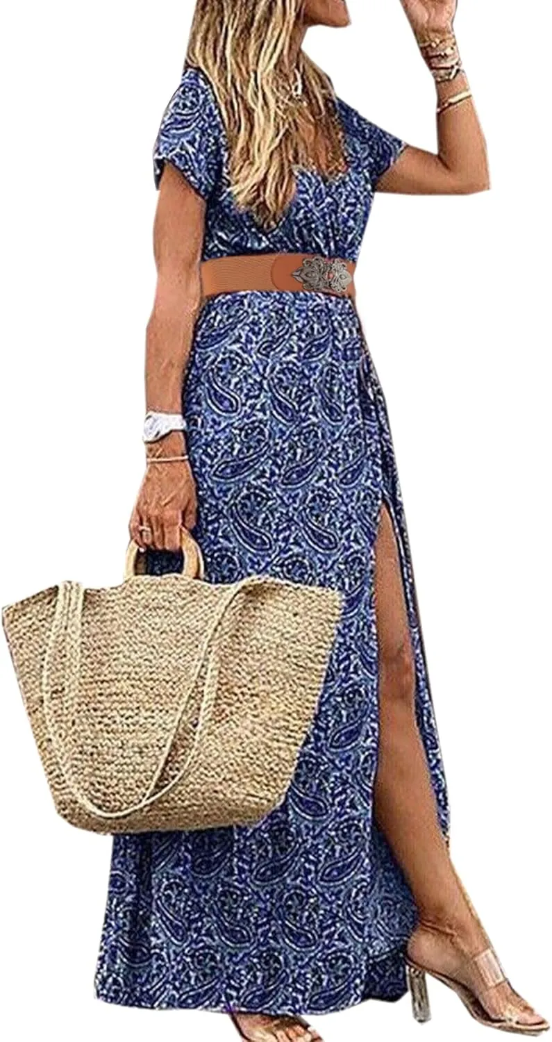 MessBebe Maxi Dress Short Sleeve V Neck High Waist Flowy Wrap Sun Wedding Guest Long Dresses for Women