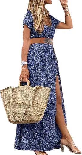 MessBebe Maxi Dress Short Sleeve V Neck High Waist Flowy Wrap Sun Wedding Guest Long Dresses for Women