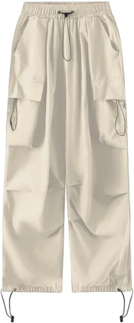 Metallic Shiny Parachute Pants for Women Drawstring Baggy Cargo Pants Jogger Straight Leg Parachute Pants Y2k Pants