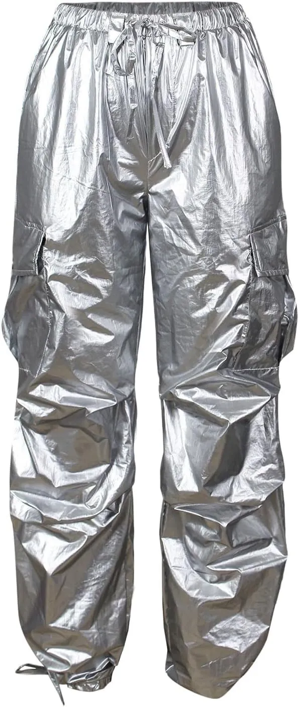 Metallic Shiny Parachute Pants for Women Drawstring Baggy Cargo Pants Jogger Straight Leg Parachute Pants Y2k Pants
