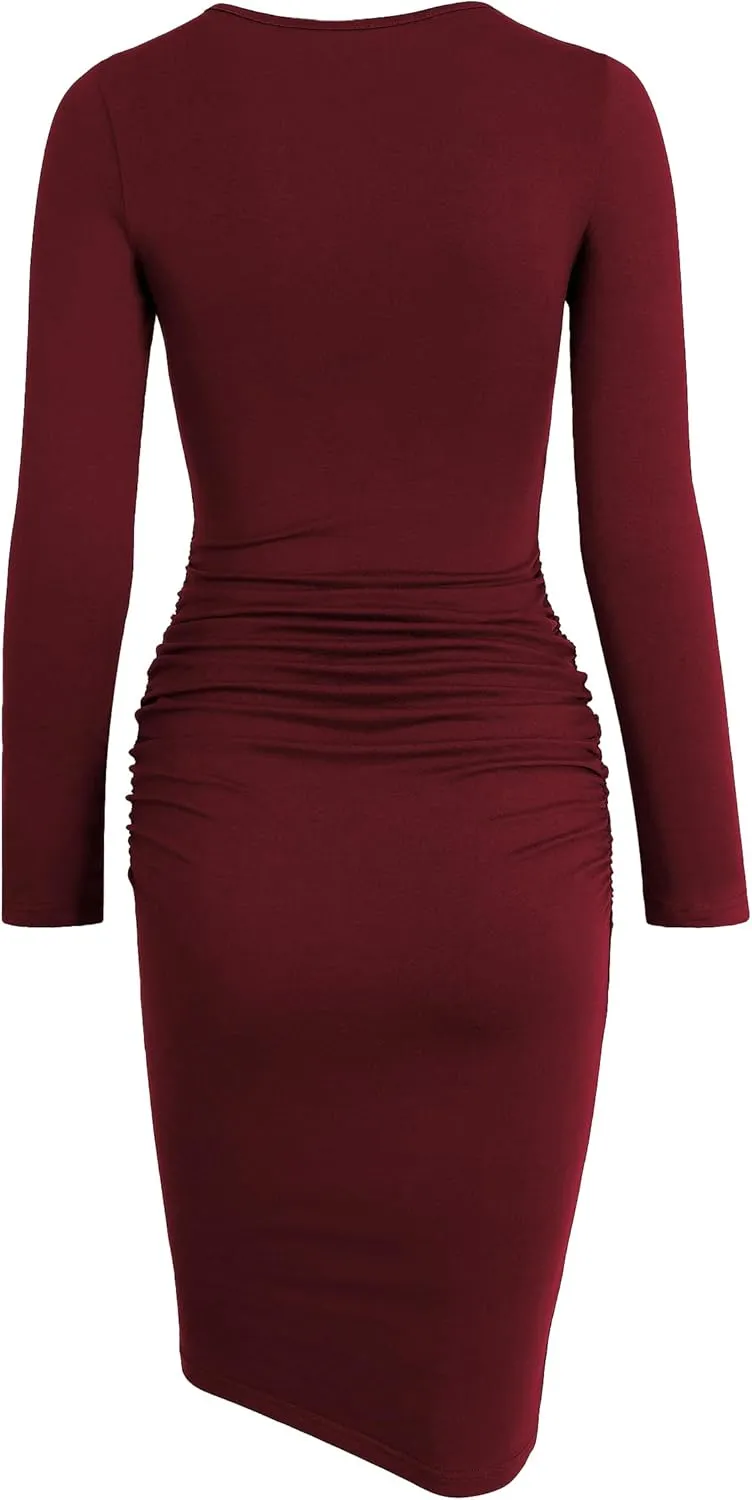 Missufe Women's Long Sleeve Ruched Casual Sundress Bodycon Sheath Knee Length Dress