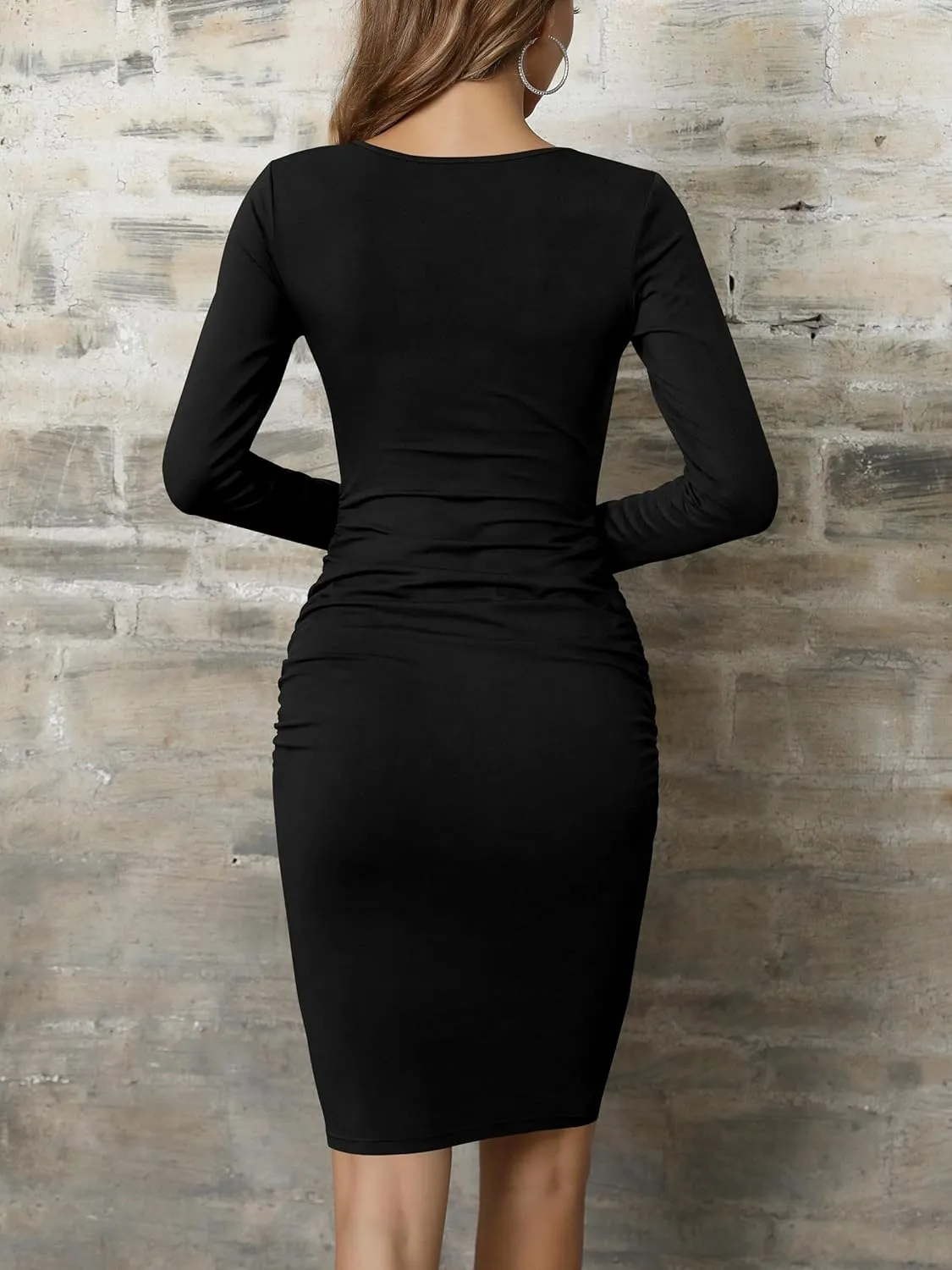 Missufe Women's Long Sleeve Ruched Casual Sundress Bodycon Sheath Knee Length Dress