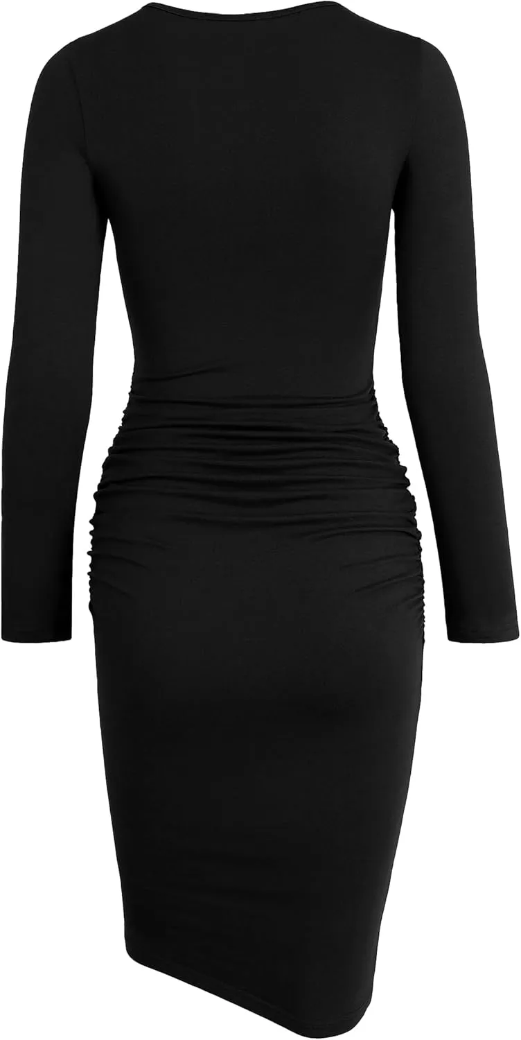 Missufe Women's Long Sleeve Ruched Casual Sundress Bodycon Sheath Knee Length Dress