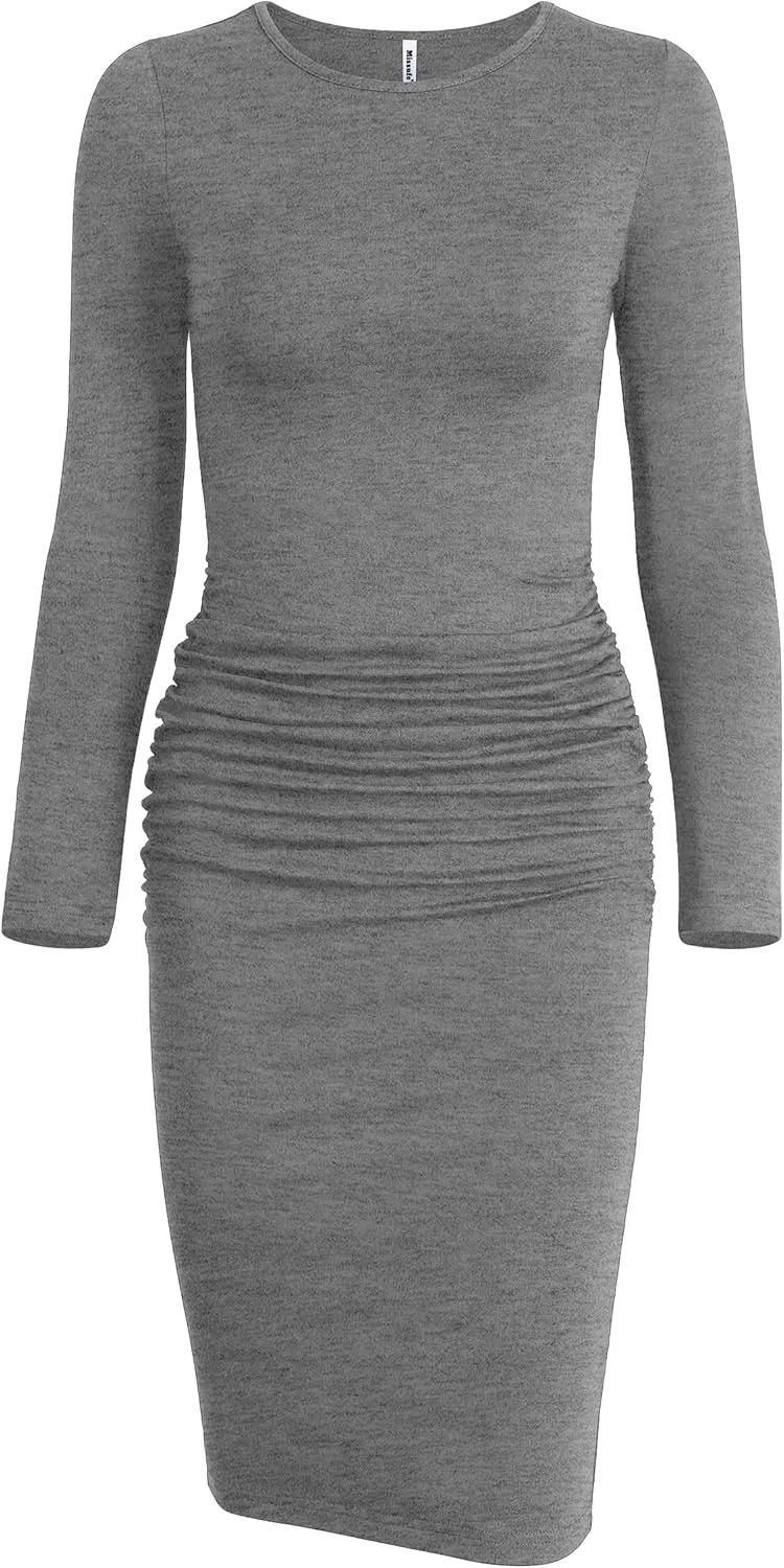 Missufe Women's Long Sleeve Ruched Casual Sundress Bodycon Sheath Knee Length Dress