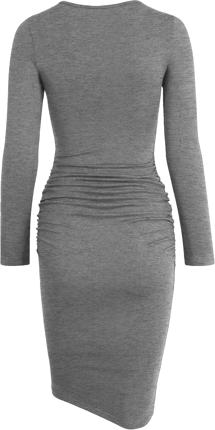 Missufe Women's Long Sleeve Ruched Casual Sundress Bodycon Sheath Knee Length Dress