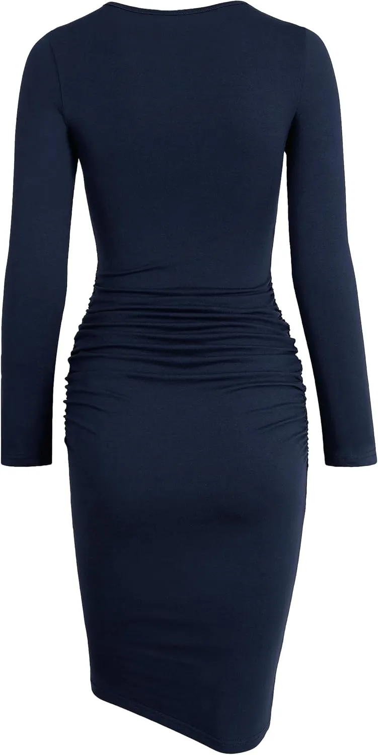 Missufe Women's Long Sleeve Ruched Casual Sundress Bodycon Sheath Knee Length Dress