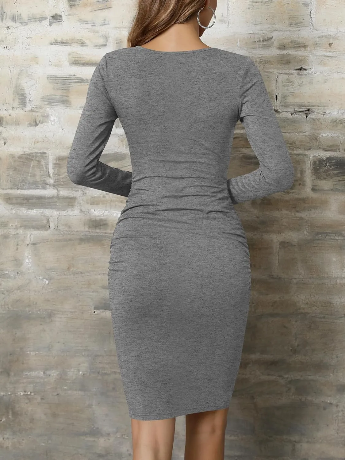 Missufe Women's Long Sleeve Ruched Casual Sundress Bodycon Sheath Knee Length Dress