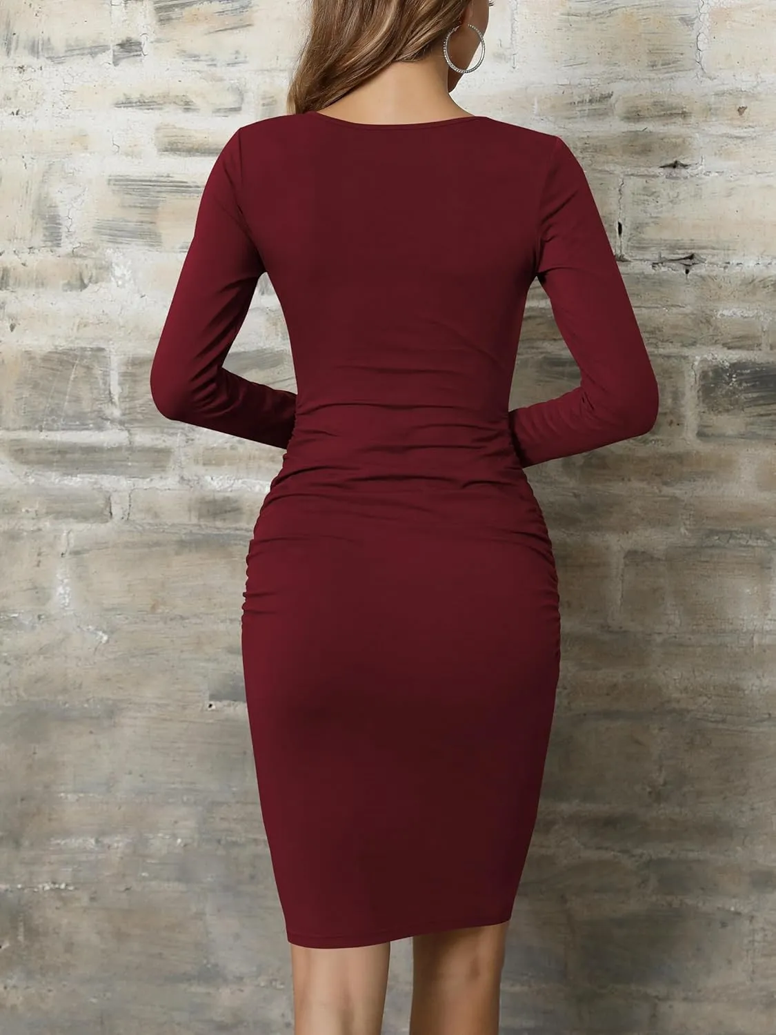Missufe Women's Long Sleeve Ruched Casual Sundress Bodycon Sheath Knee Length Dress